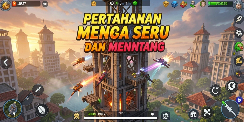 Screenshot permainan JOS77 menampilkan aksi pertahanan menara yang mendebarkan.